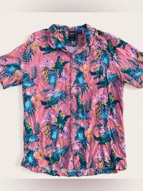 Disney Lilo & Stitch Pink Hawaiian Print Button-Up Shirt Men’s Large